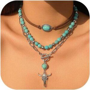 Western Turquoise Layered Necklace Set – Boho Cowgirl Statement Jewelry Cowgirl